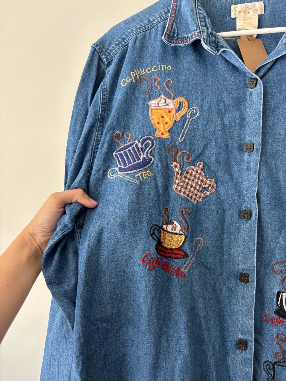 Vintage Grannycore Coffee Embroidered Retro Button Up Denim Coffee Shirt - XL